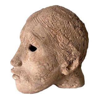 Vintage Clay Pottery Female Head Sculpture For Sale