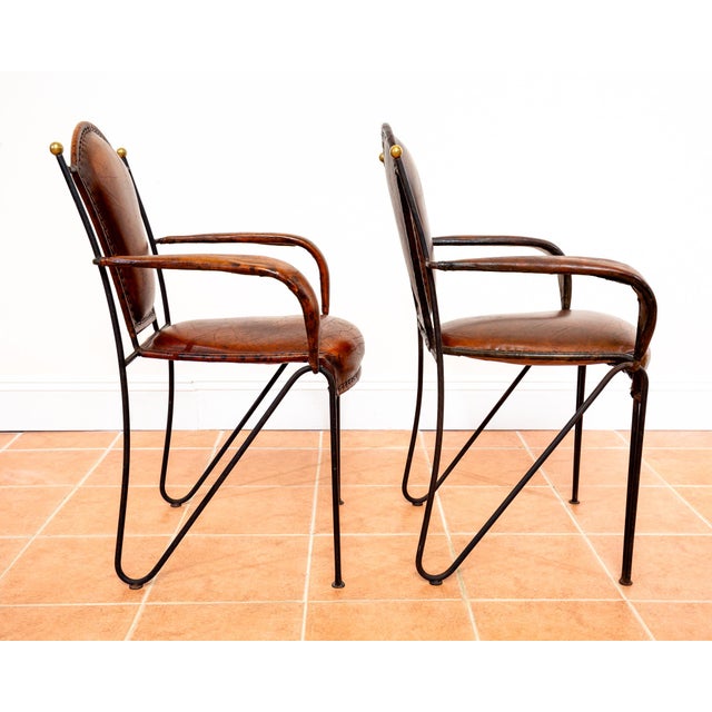 1950s Mid-Century Bauhaus Modern Sculptural Leather Armchairs in Iron and Brass from Jacques Adnet, 1950s, Set of 2 For Sale - Image 5 of 18