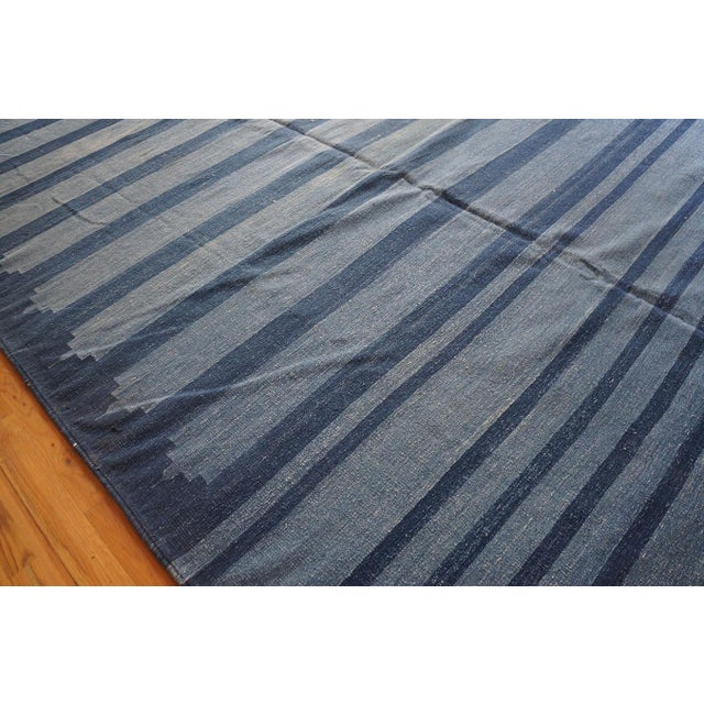 1930s Blue Stripe Antique Indian Cotton Dhurrie Rug 8'2'' X 40'2" Flatweave Carpet For Sale In New York - Image 6 of 13