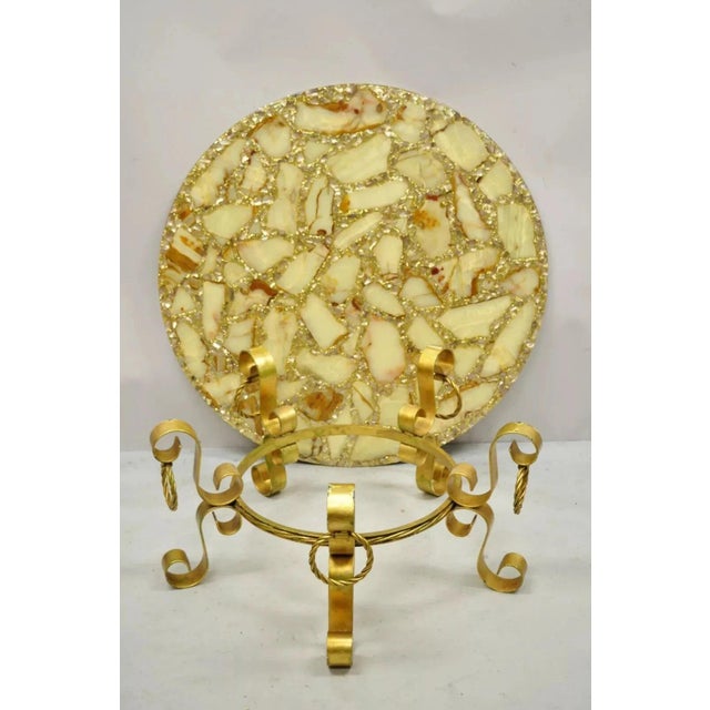 Hollywood Regency Gold Iron Scroll Agate Stone Specimen Resin Top Coffee Table For Sale - Image 10 of 12