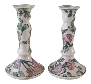 Vintage Famille Rose Floral Pink Candlesticks - a Pair