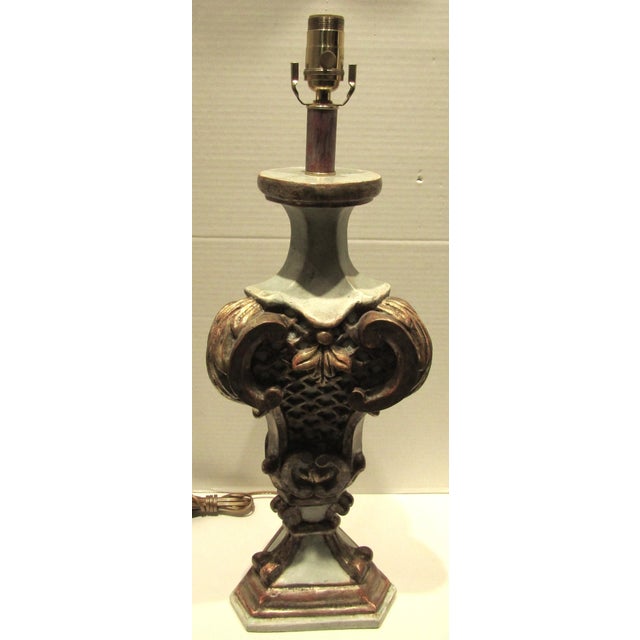 1970s 1970s Italian Baroque Style Hand Carved Wood Lamps Silk Shades - a Pair For Sale - Image 5 of 17