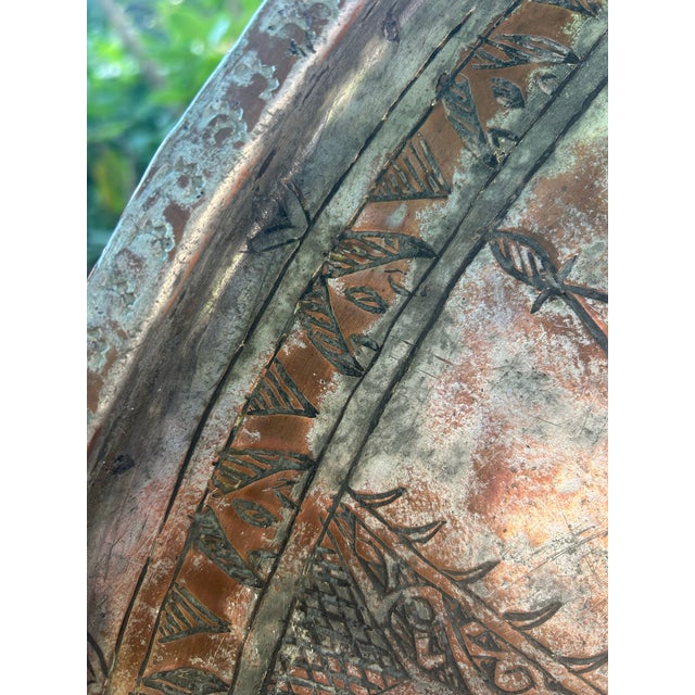 Mid 20th Century Oversized 33" Antique Middle Eastern Heavy Tinned Copper Table Tray Top - 12lbs For Sale - Image 5 of 12