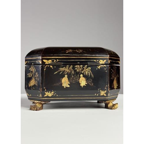 Chinese export-style chest. Probably early/mid 20th century. Black with many gold accents. Dimensions: 20L x 14D x 13H