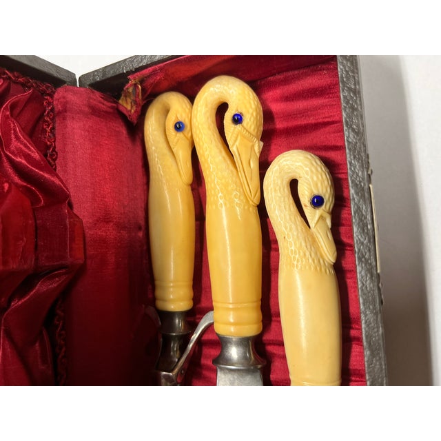 Metal 19th Century Boxed Swan Handled Bone Carving Set For Sale - Image 7 of 11