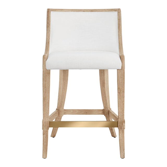 Matthew Izzo Home Keaton Cerused Oak Counter Stool With White Performance Linen Upholstered Seat and Brass Foot Fail For Sale