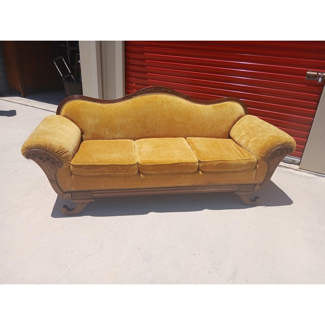 Vintage Victorian Camelback Duncan Phyfe Style Gold Velvet Sofa For Sale - Image 11 of 13
