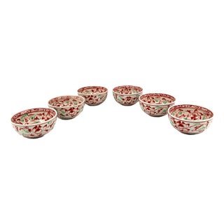 Set of 6 Bat Trang Vietnamese Ceramic Multipurpose Bowls Hand Painted in Red and Celadon Lotus Floral Motif For Sale