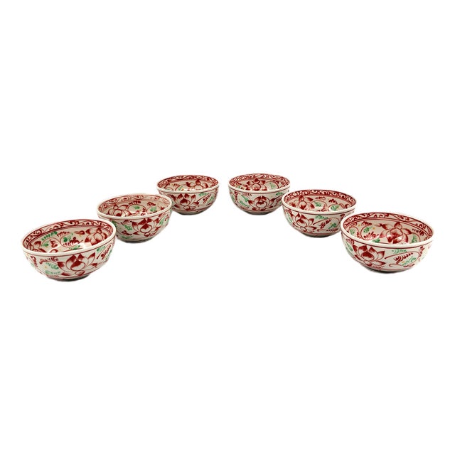 Set of 6 Bat Trang Vietnamese Ceramic Multipurpose Bowls Hand Painted in Red and Celadon Lotus Floral Motif For Sale
