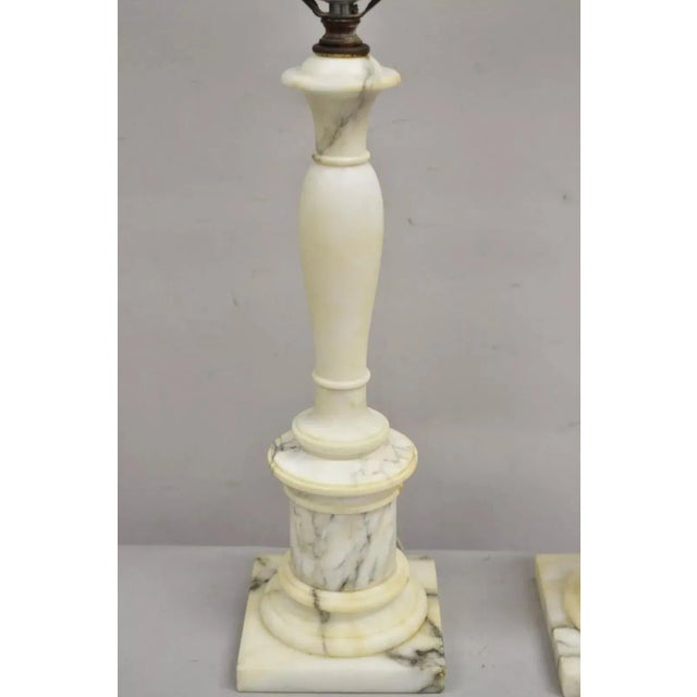 Mid 20th Century Vintage Italian Classical Carved White Marble Column Table Lamps - A Pair For Sale - Image 5 of 13