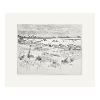 Mid Century Vintage Landscape Drawing in Pencil on Paper From France With Mat For Sale