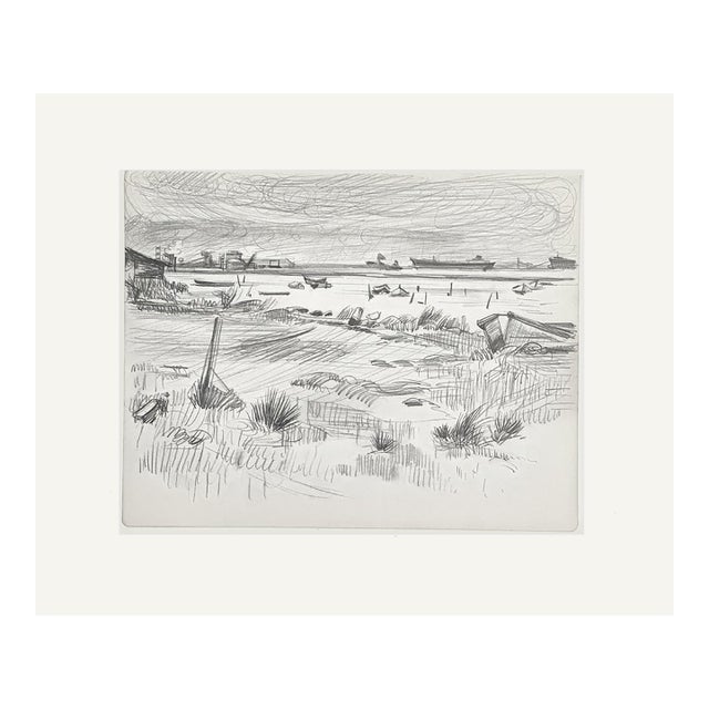 Mid Century Vintage Landscape Drawing in Pencil on Paper From France With Mat For Sale