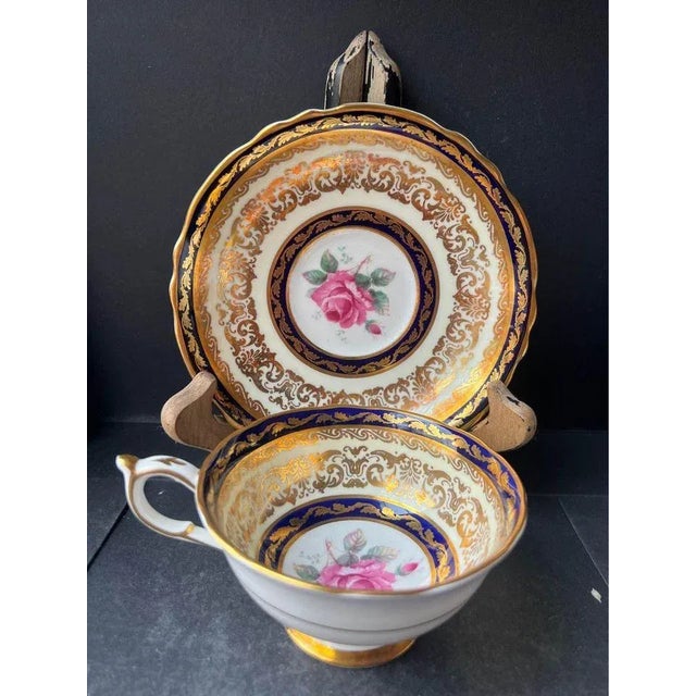 1950s Paragon Tea Cup & Saucer Cobalt Blue & Floral Gold Gilt Teacup Set, England- 2 Pieces For Sale - Image 9 of 13