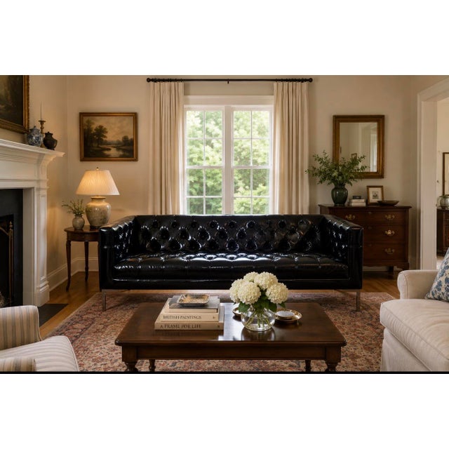 Custom Edelman Black Patent Leather Tufted Tuxedo Sofa For Sale - Image 12 of 14
