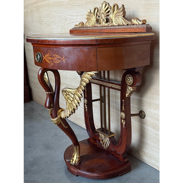 20th Century Pair of Demilune Swan Nightstands With Marquetry Top and Crest For Sale - Image 6 of 13