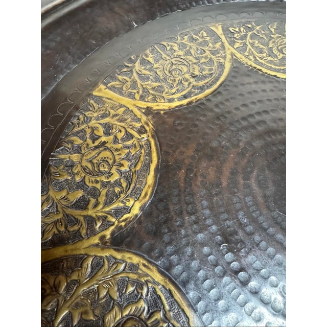 Metal Large 30” Persian Style Repousse Floral Brass Tray Black Bronze Finish For Sale - Image 7 of 12