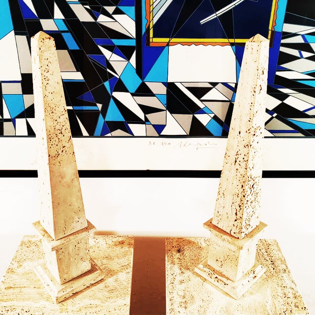 1960s, made in Italy. Hand Carved, Italian Travertine. Excellent vintage condition. The Obelisks do not show damage. Any...