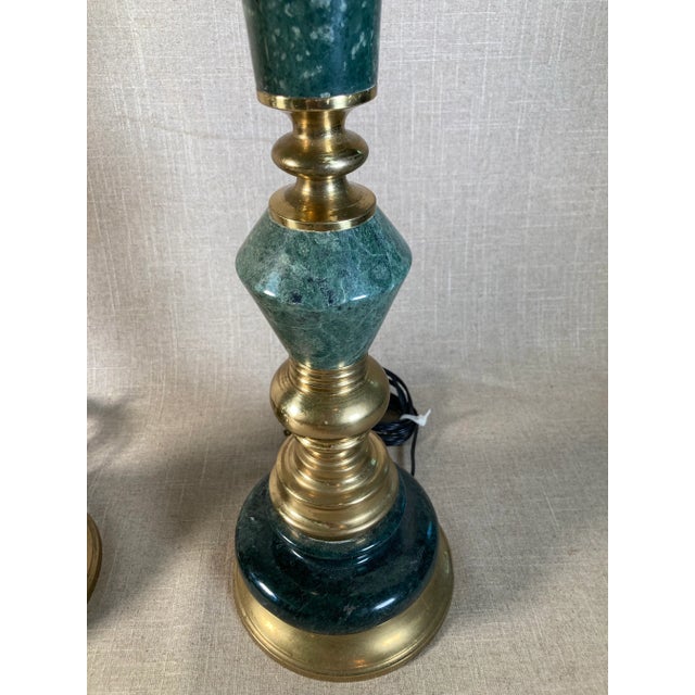 Mid Century Green Marble & Brass Lamps - a Pair For Sale - Image 4 of 8