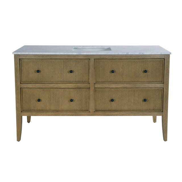 2020s Bristol 60 in. W Marble and Wood 4 Drawer Ribbed Bathroom Vanity, Medium Oak For Sale - Image 5 of 9
