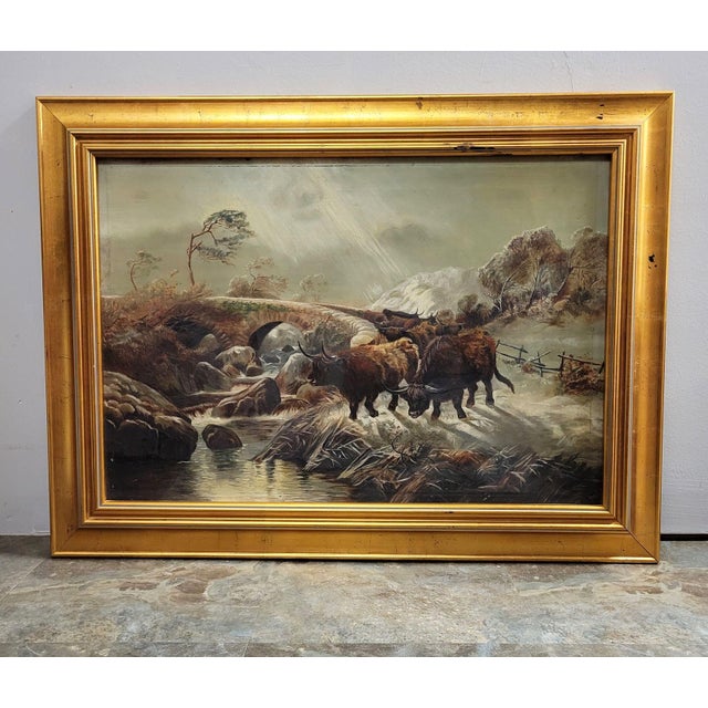 19th C Scottish Highland Cattle Oil on Canvas Painting Framed For Sale - Image 10 of 10