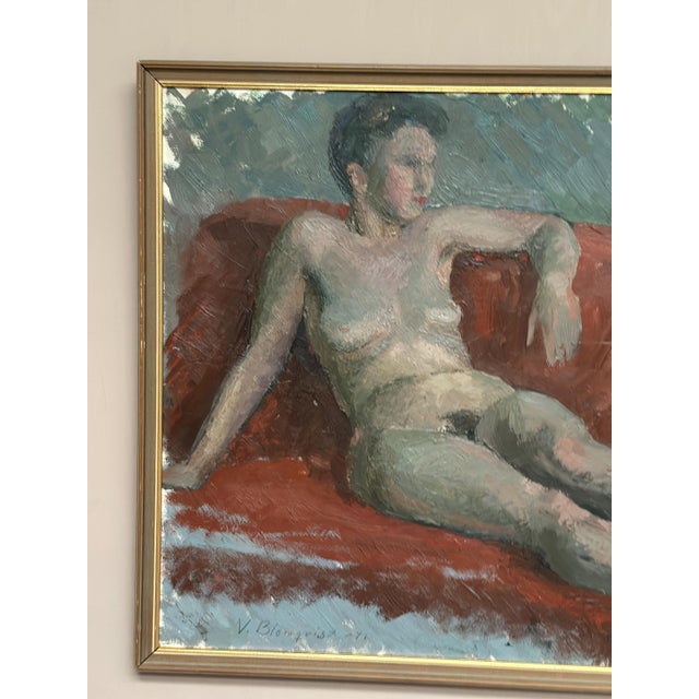 Vilhelm Blomquist, Reclining Lady on Red Couch, 1960s, Oil on Panel, Framed For Sale - Image 4 of 18