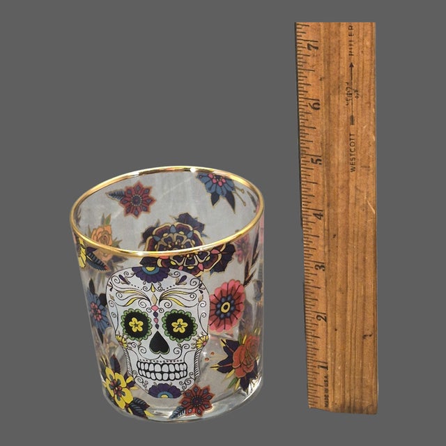 Late 20th Century Boho Chic Williams Sonoma Day of the Dead Painted Skull Floral Tumblers Highball Glasses - Set of Four L For Sale - Image 6 of 8