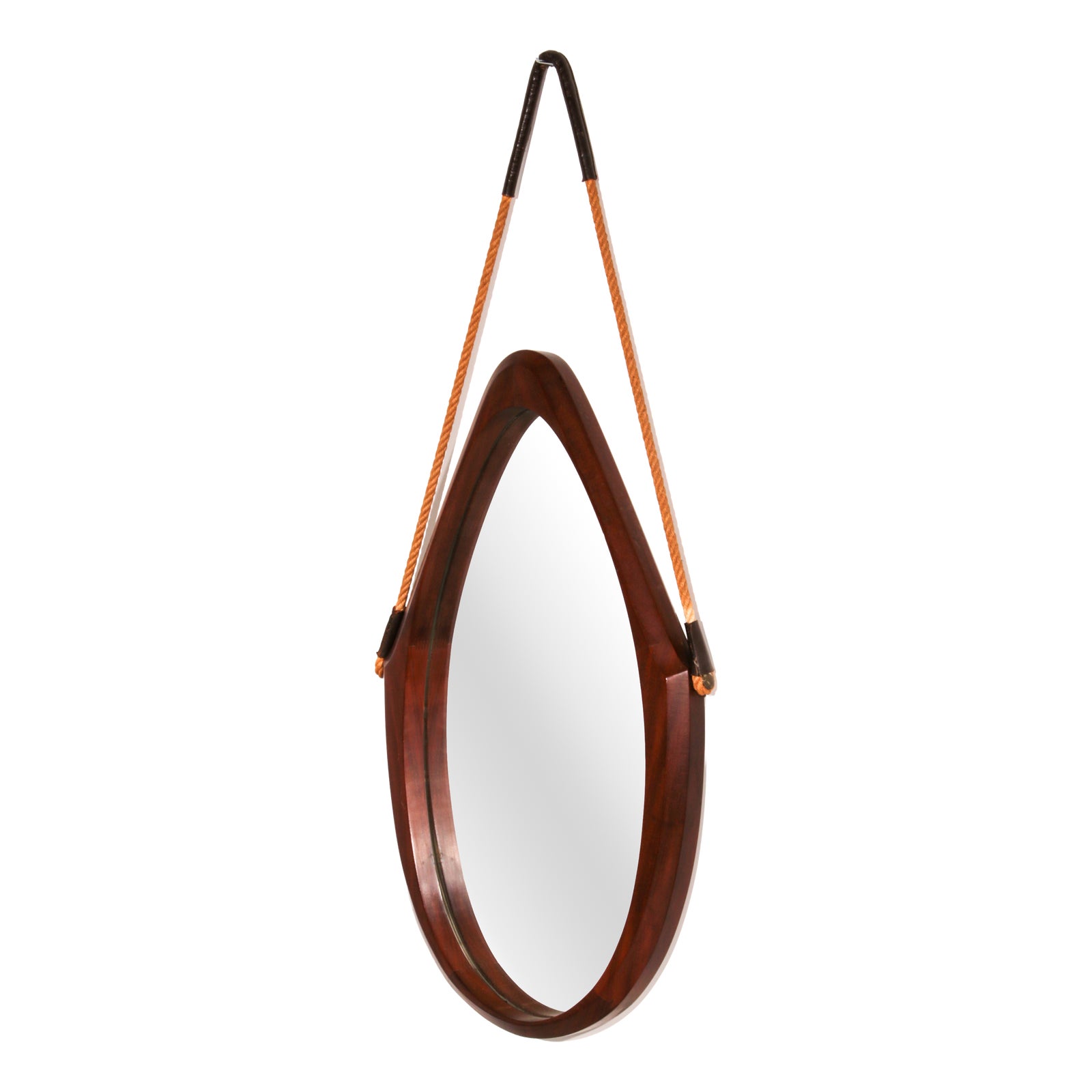 Mid-Century Italian Oval Mirror in Curved Teak, Rope and Leather, 1960s ...