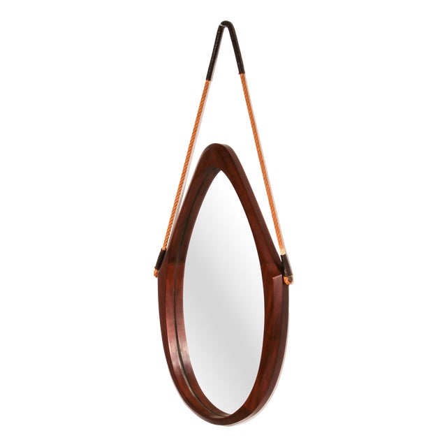Mid-Century Italian Oval Mirror in Curved Teak, Rope and Leather, 1960s For Sale
