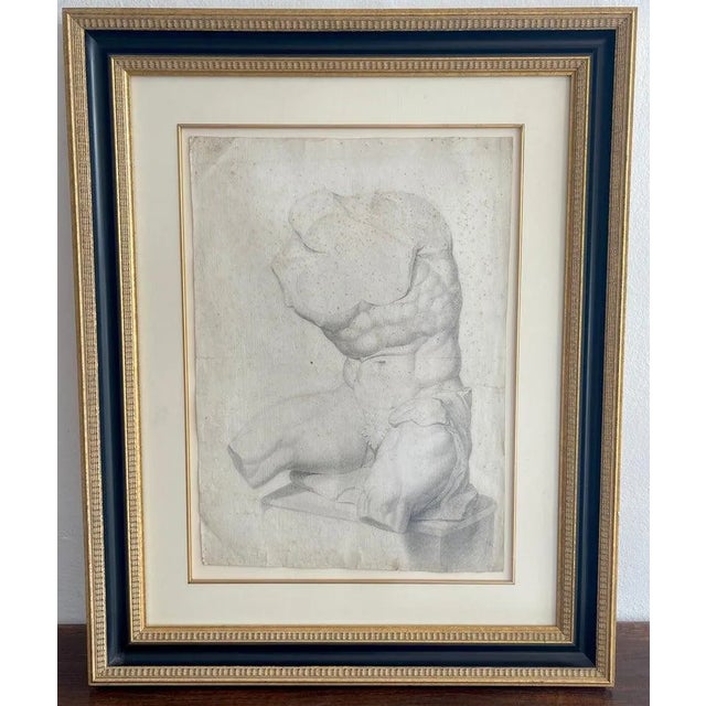 Grand Tour' old master drawing of a seated male nude antique statue torso Italy 18th century or older Drawing (sight): 15"...