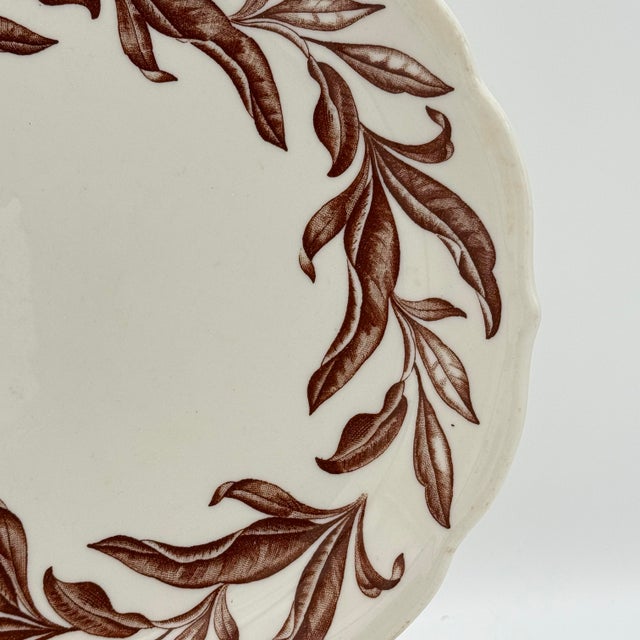 A charming set of vintage Syracuse China dinner plates featuring a warm brown leaf wreath border and an elegant scalloped...