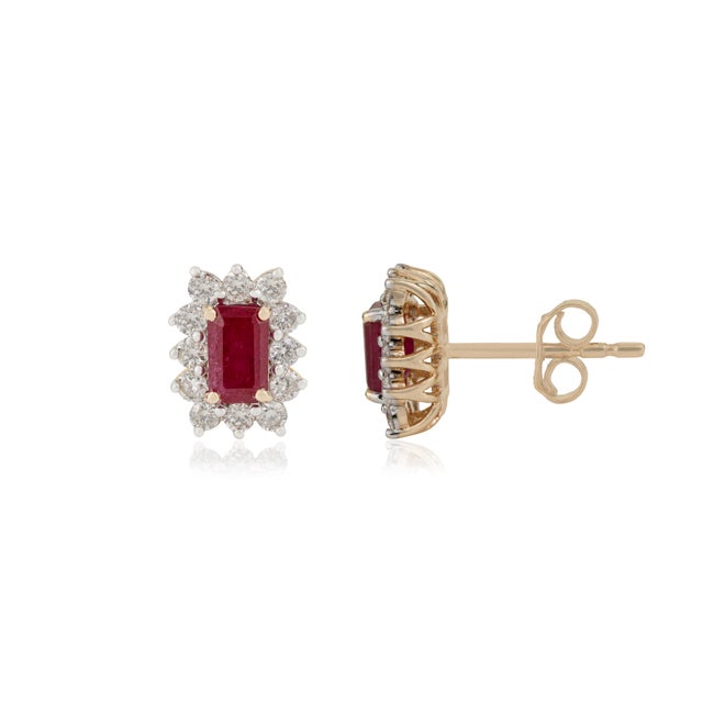 Classic Mozambique Natural Ruby & Diamond Halo Stud Earrings in 14k Yellow Gold- 2 Pieces For Sale - Image 4 of 13