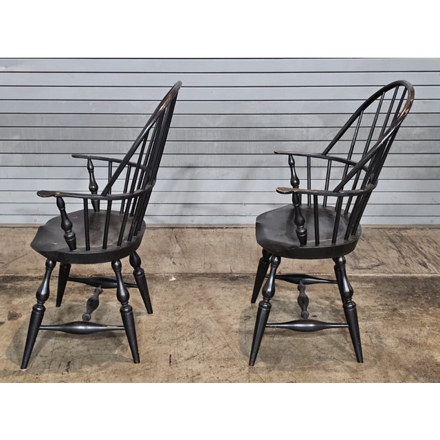 Black Late 20th Century Pair of Adriance Heritage Sack Back Windsor Arm Chairs Bench Made Black Finish For Sale - Image 8 of 9