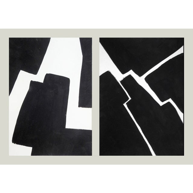 Pair of contemporary 2020 black and white abstract gouache on paper painting by David Grinnell (21st century) Texas....