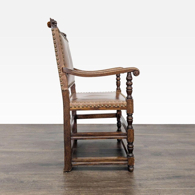 Traditional Vintage Leather Dining Armchair With Carved Finials For Sale - Image 3 of 8