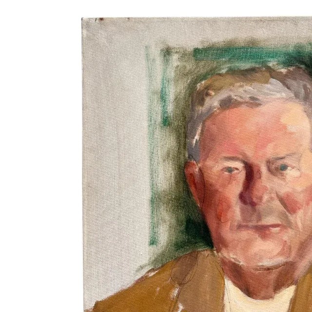 A tall portrait painting of a gray-haired man on canvas. This piece is by an unknown outsider artist. It features an older...