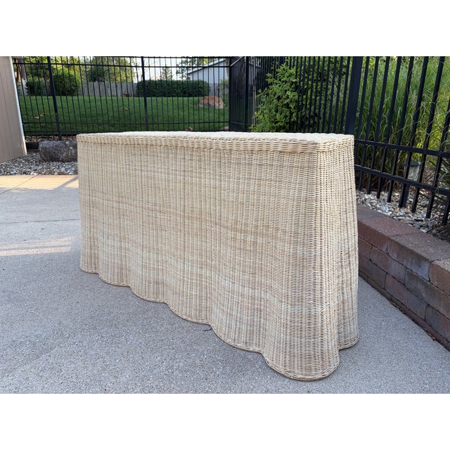 French Country Wicker Rattan Scalloped Console Table in the Palm Beach Style For Sale - Image 3 of 12