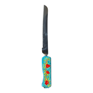 Yair Emanuel Handpainted Wooden Challah Knife With Stand, Jerusalem for Shabbat