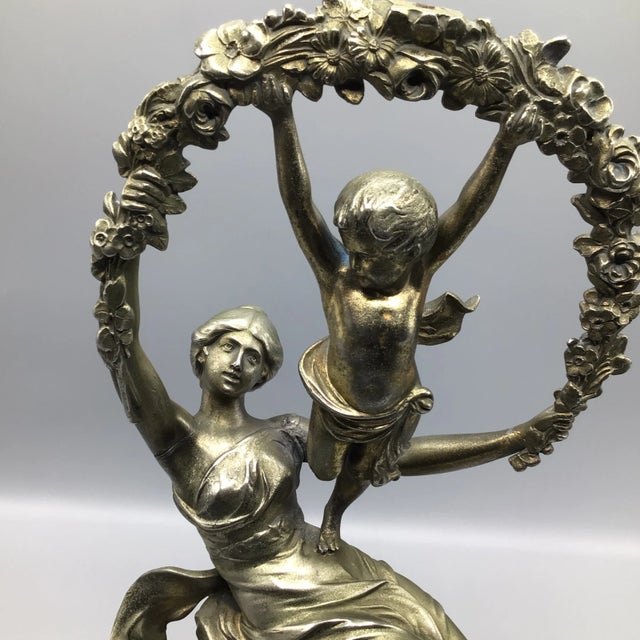 Late 19th Century Victorian Cast Metal Sculpture of a Female Supporting a Swinging Child in a Floral Wreath on a Walnut Base For Sale - Image 9 of 13