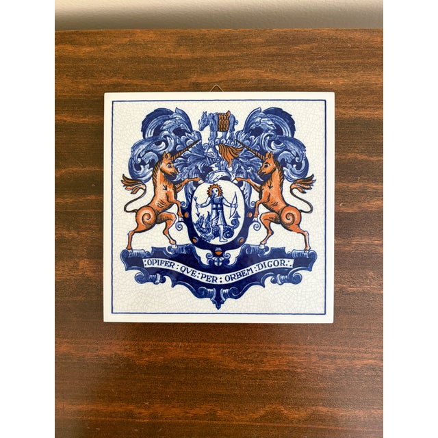 French Country Dutch Delft Blue and White Porcelain Tiles With Heraldic Coat of Arm, Set of 9 For Sale - Image 3 of 15