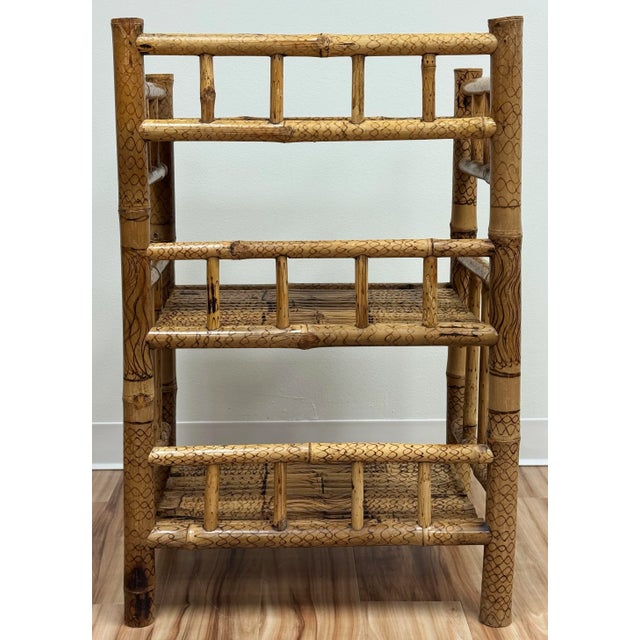 Wood Vintage Scorched Bamboo Three Tier Etagere Shelf For Sale - Image 7 of 11