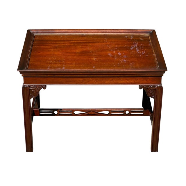 Mid 20th Century Mid 20th Century Mahogany Chippendale Style Butlers Coffee Table With Glass Top Serving Tray For Sale - Image 5 of 12