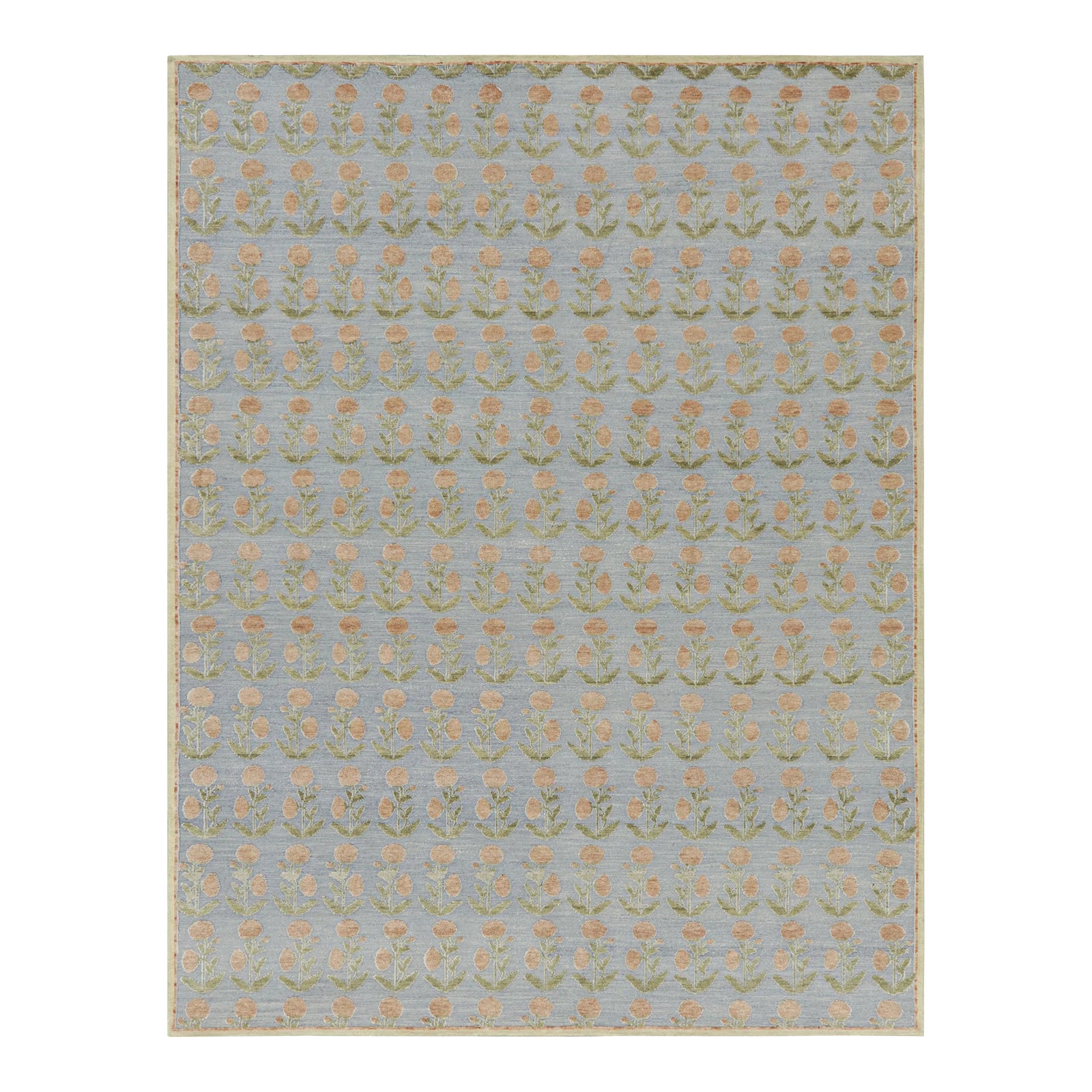 Rug & Kilim’s Block Print Rug Design with Brown and Green Floral ...