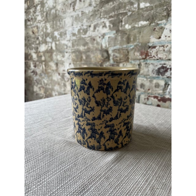 Farmhouse Vintage Blue Spongeware Crock For Sale - Image 3 of 6