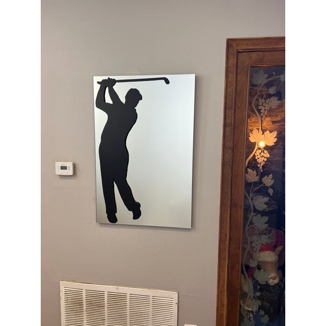 24" x 36" Custom handmade mirror by David Marshall mirrors. Polished edge, golfer overlay Hand Made by Joan Gross Designs...