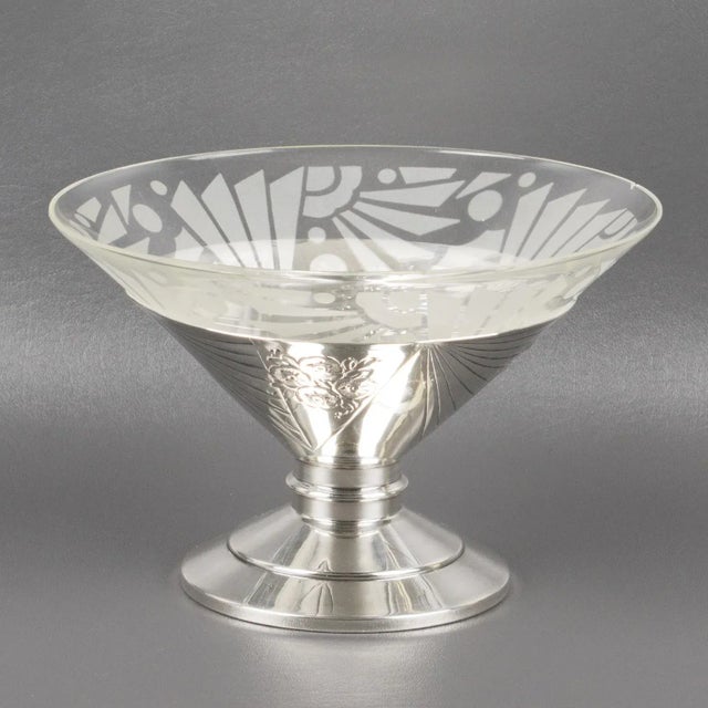 Art Deco Art Deco Silver Plate and Etched Glass Centerpiece Bowl For Sale - Image 3 of 11