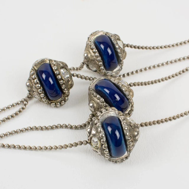 Alexis Lahellec Paris Extra Long Silvered Metal Necklace With Blue Ceramic Beads For Sale - Image 4 of 12