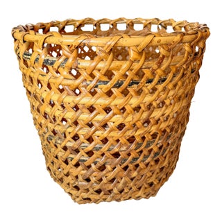 Large Mid-Century Burned Bamboo & Rattan Floor Planter Basket For Sale