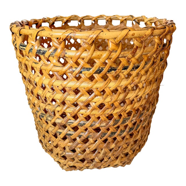 Large Mid-Century Burned Bamboo & Rattan Floor Planter Basket For Sale
