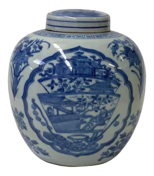 Hand-Paint Treasure House Graphic Blue White Porcelain Ginger Jar