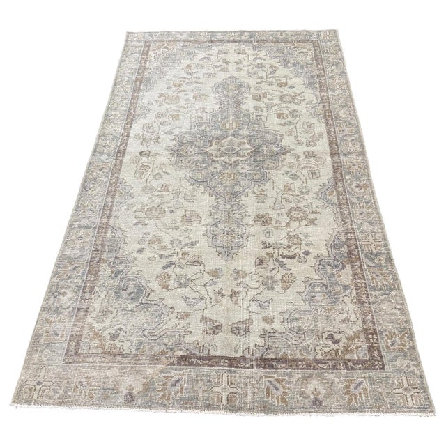 Turkish Antique Mahal Rug | Floral Design in Soft Ivory & Blue For Sale - Image 3 of 5